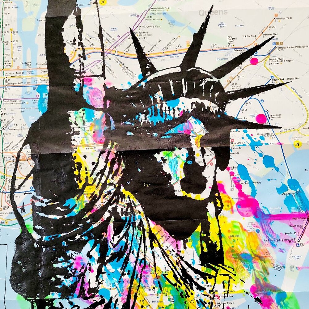 Handpainted Statue of Liberty Unique Acrylic Art painting on a NYC Subway map - Picture 4 of 8